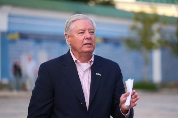 Senator Lindsey Graham speaks during briefing on August 12, 2024 in Kyiv, Ukraine.