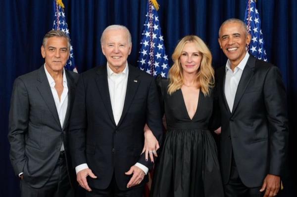 Actor George Clooney, President Joe Biden, actor Julia Roberts, and former President Barack Obama posing at a campaign fundraiser in June 2024