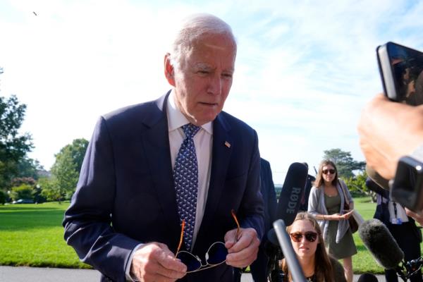 President Joe Biden talks to reporters on the South Lawn of the White House, Monday, Sept. 2, 2024.