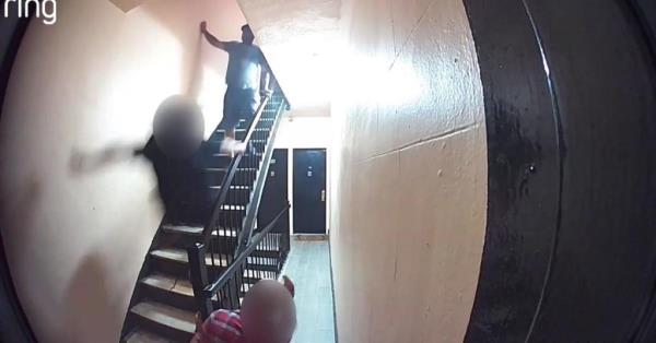 Video footage of Nick Valentin kicking tenant down stairs in apartment hallway